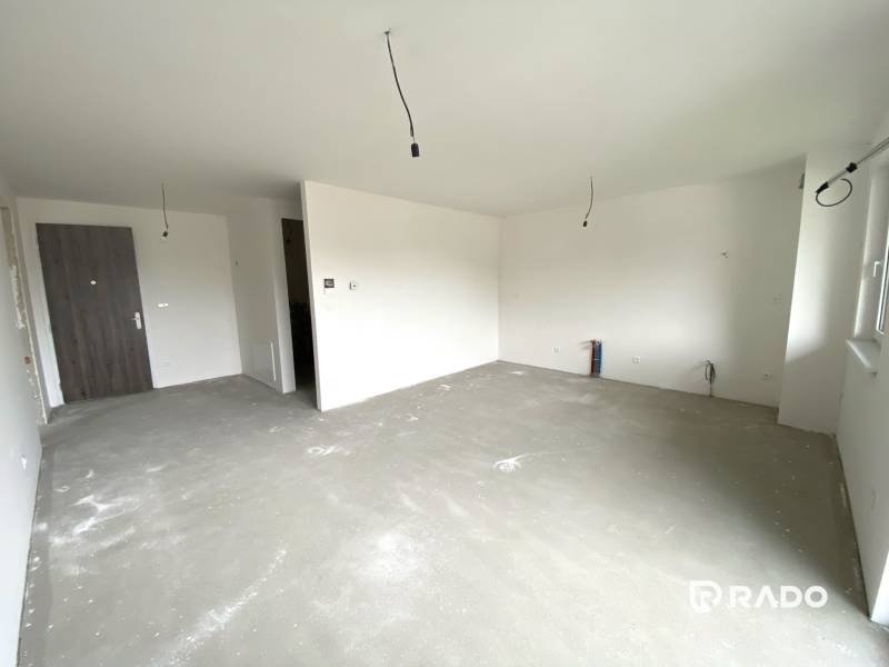Geräumiges, unmöbliertes Wohnzimmer und Eingangstür in einer 2-Zimmer-Wohnung.