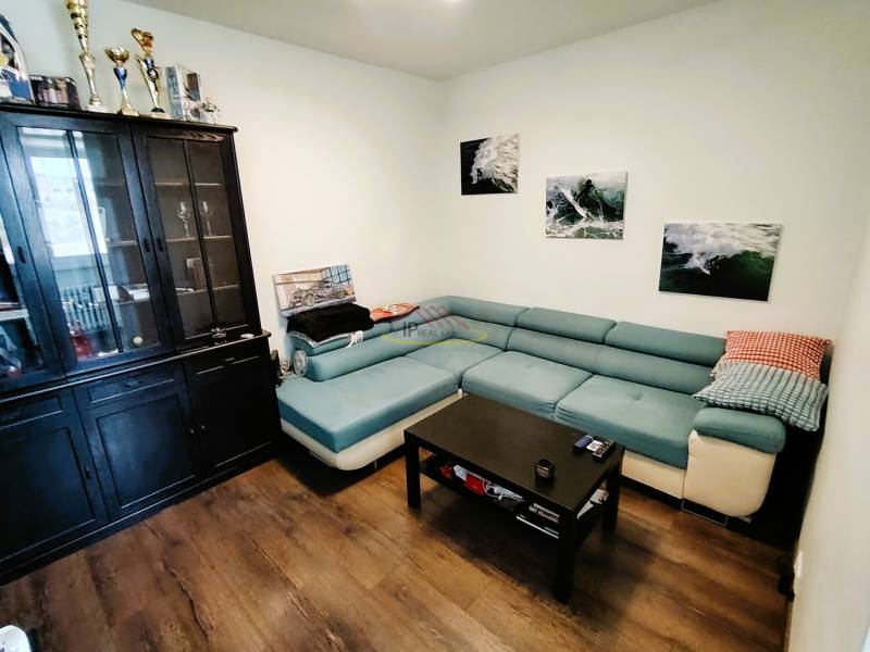 Wohnzimmer mit blauem Sofa, Holzboden und Vitrine in einer Zweizimmerwohnung.