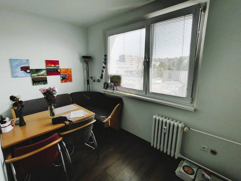 Essbereich mit Tisch und Blumen in einer 2-Zimmer-Wohnung am Fenster mit Aussicht.