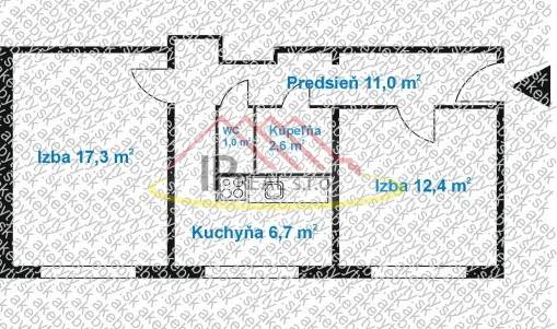 Grundriss einer 2-Zimmer-Wohnung mit zwei Zimmern, Küche, Flur, Badezimmer und WC.