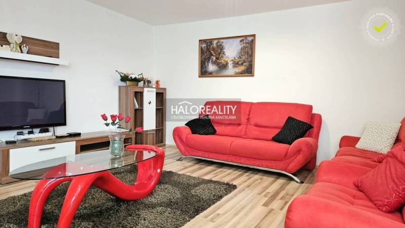 Wohnzimmer eines Einfamilienhauses mit roten Sofas und modernen Möbeln.
