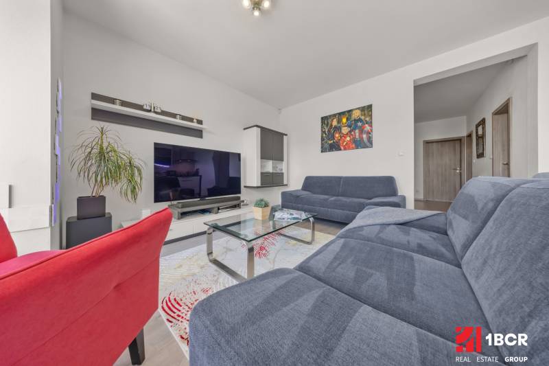 Wohnzimmer in einer 4-Zimmer-Wohnung mit Fernseher, Sofas und Innendekorationen.