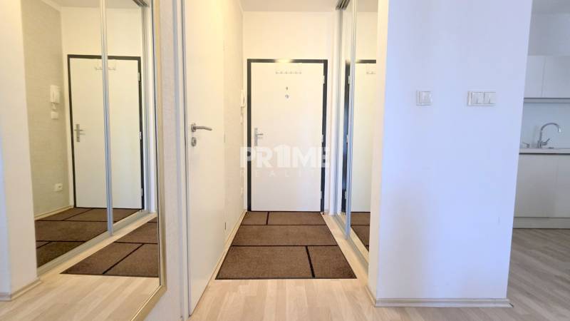 Eingangsflur in einer 2-Zimmer-Wohnung mit großem Spiegelschrank und weißen Wänden.