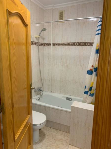 Ein Badezimmer in einem Einfamilienhaus mit einer Badewanne, einer Toilette und einem Duschvorhang mit Enten.