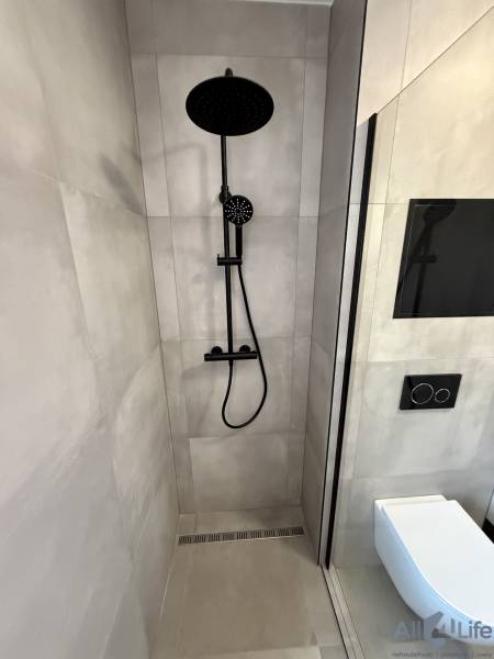 Duschkabine und Toilette mit schwarzen Accessoires in einer 2-Zimmer-Wohnung.