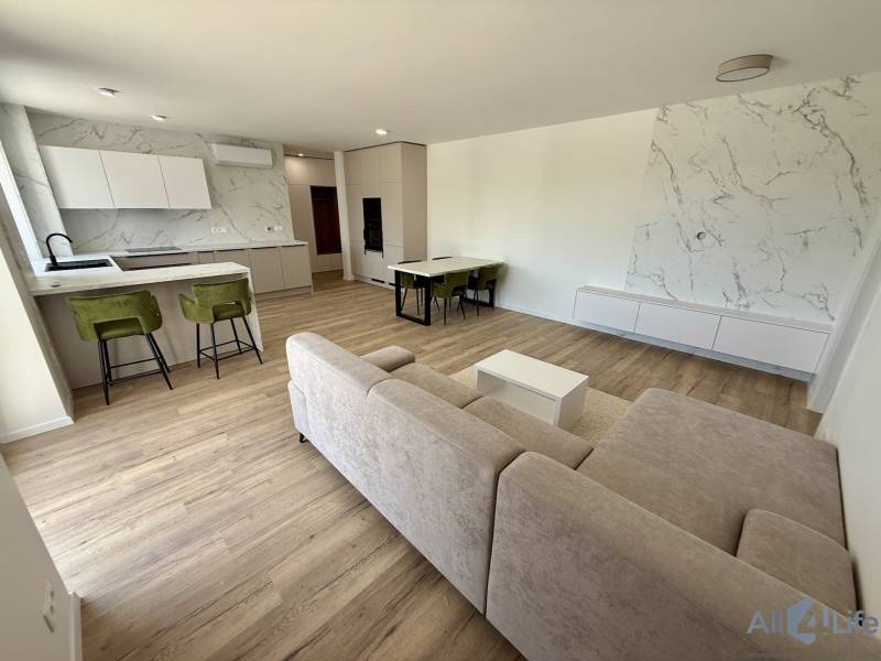 Geräumiges Wohnzimmer mit Küche, Esstisch und Sofa in einer 2-Zimmer-Wohnung.