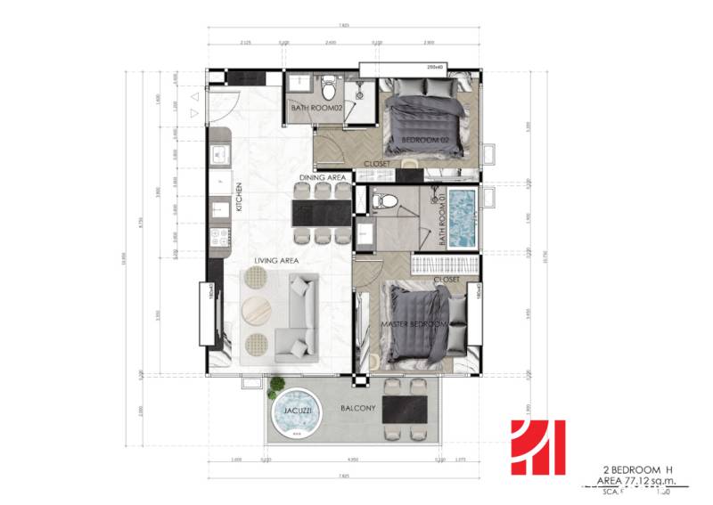 Grundriss einer 3-Zimmer-Wohnung mit Wohnzimmer, zwei Schlafzimmern, Küche und Balkon.