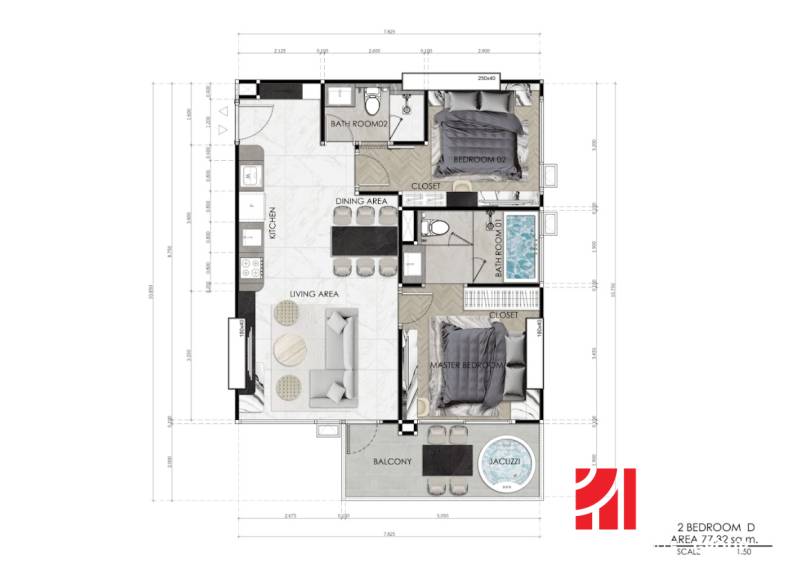Grundriss einer 3-Zimmer-Wohnung mit Küche, Wohnzimmer, Balkon und zwei Badezimmern.