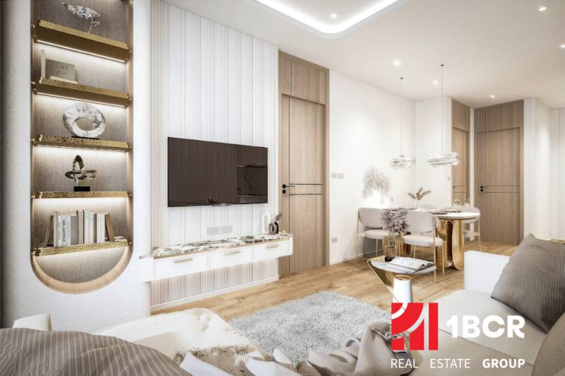 Luxuriöses Interieur einer 3-Zimmer-Wohnung mit dekorativen Elementen und bequemen Möbeln.