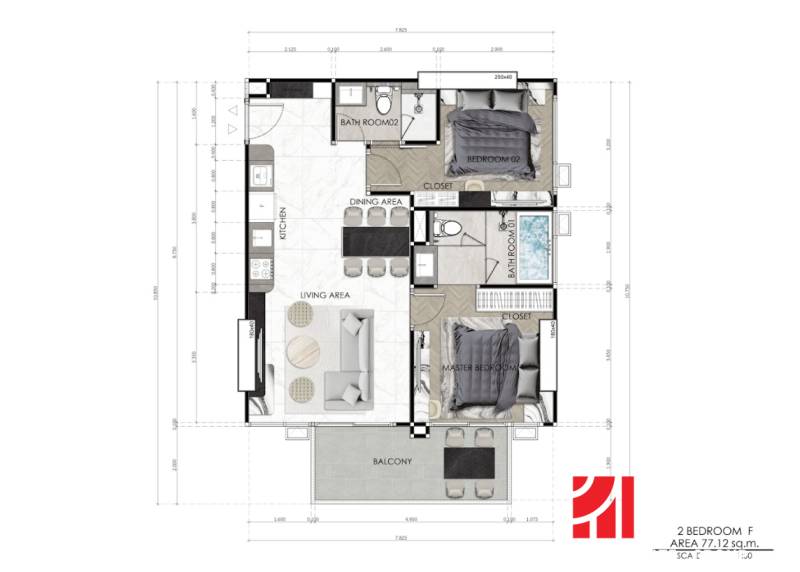 Grundriss einer 3-Zimmer-Wohnung mit Wohnzimmer, Esszimmer, Küche und zwei Badezimmern.
