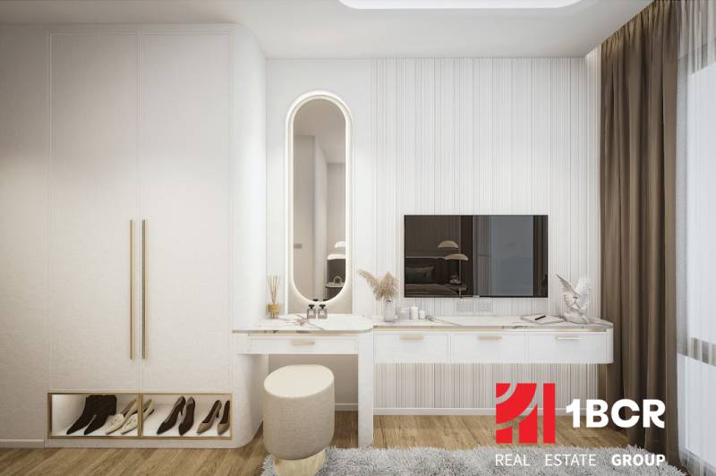 Moderne Innenraumgestaltung mit einem Schminktisch in einer 3-Zimmer-Wohnung, zeitloses Design mit Fokus auf Details.