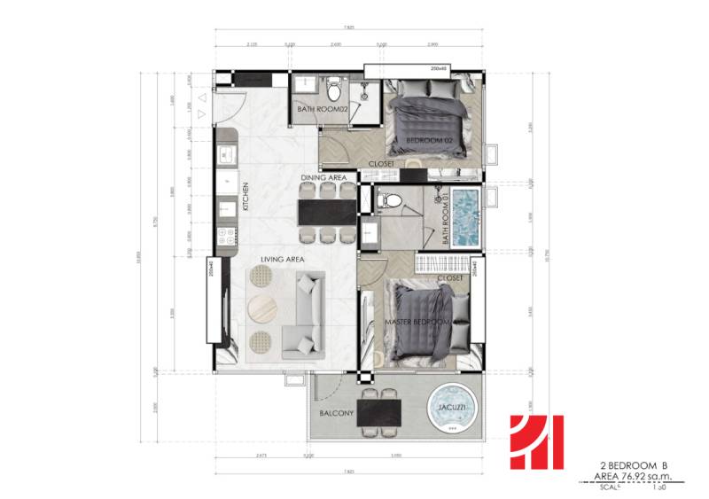 Grundriss einer 3-Zimmer-Wohnung mit Küche, Wohnzimmer, Balkon und zwei Badezimmern.