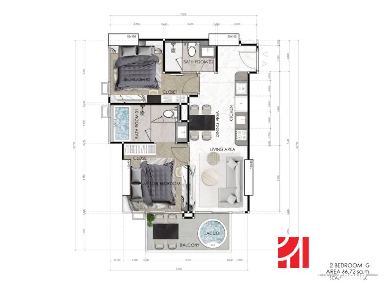 Grundriss einer 3-Zimmer-Wohnung mit zwei Schlafzimmern, Badezimmern und einem Balkon mit Jacuzzi.