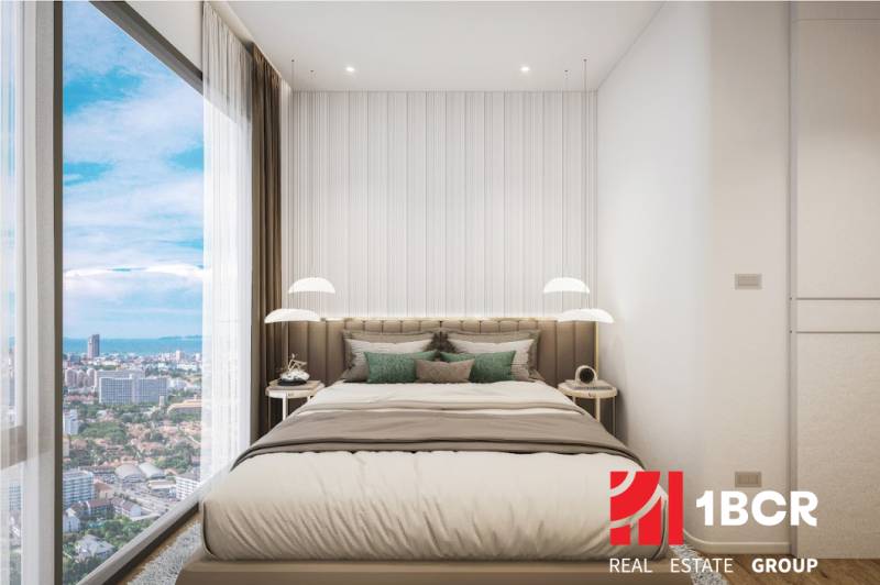 Stilvolles Schlafzimmer in einer 3-Zimmer-Wohnung mit Blick auf die Stadt.