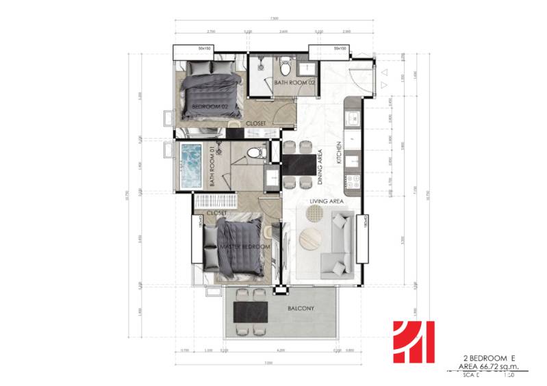 Grundriss einer 3-Zimmer-Wohnung mit zwei Schlafzimmern, Küche und Balkon.