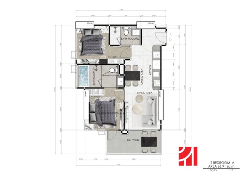 Grundriss einer 3-Zimmer-Wohnung mit Küche, Wohnzimmer und zwei Badezimmern.