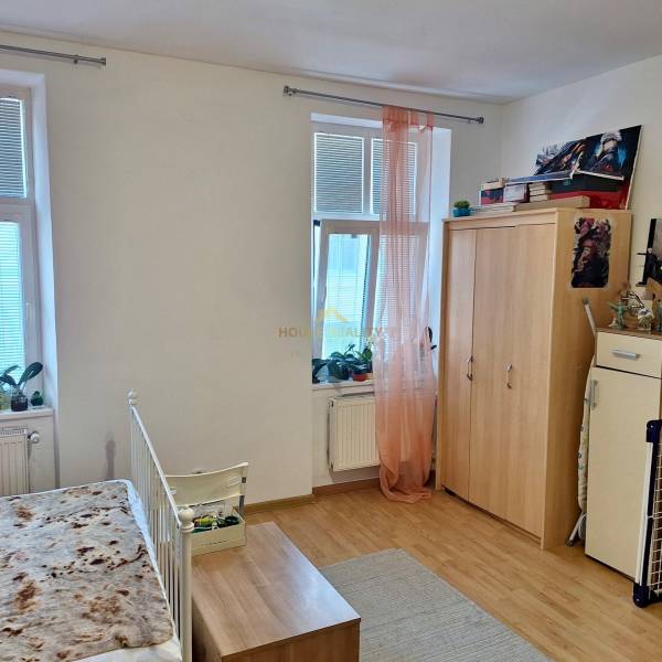 Helles Zimmer mit Holzboden, Bett, Schrank und Fenstern mit Pflanzen in einer Einzimmerwohnung.