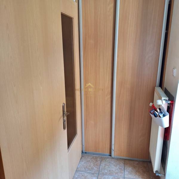 Eingangsbereich einer Einzimmerwohnung mit Holztür, Einbauschrank und Heizkörper.