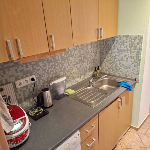 Küche mit Holzschränken, Mosaikfliesen und Spüle in einer Einzimmerwohnung.