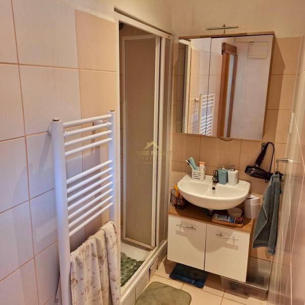 Badezimmer in einer Einzimmerwohnung mit Waschbecken, Duschkabine und Handtuchheizkörper.