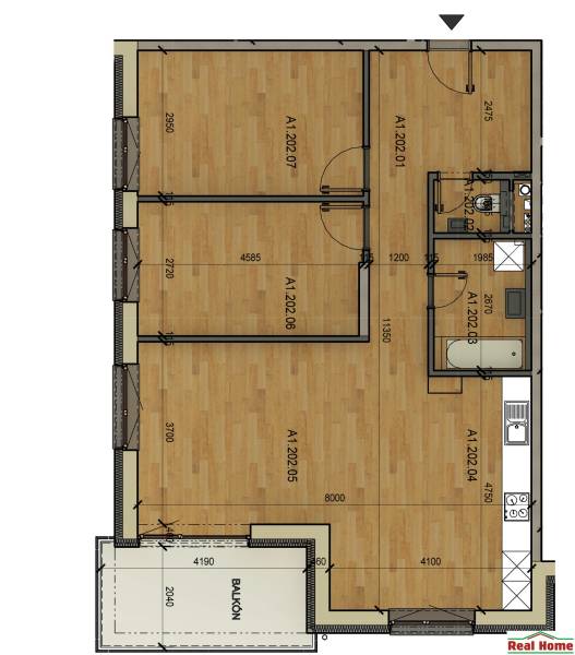 Grundriss einer 3-Zimmer-Wohnung mit Eingangshalle, Badezimmer, Balkon und Wohnzimmer mit Küche.