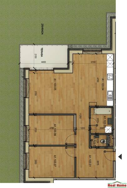 Grundriss einer 3-Zimmer-Wohnung mit Terrasse und Garten.