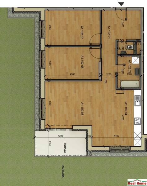 Grundriss einer 3-Zimmer-Wohnung mit Garten und Terrasse, ideal für komfortables Wohnen.