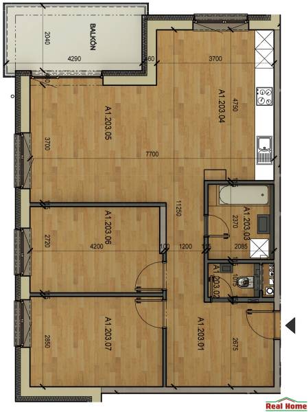 Grundriss einer 3-Zimmer-Wohnung mit Balkon, einschließlich Küche und Wohnzimmer.