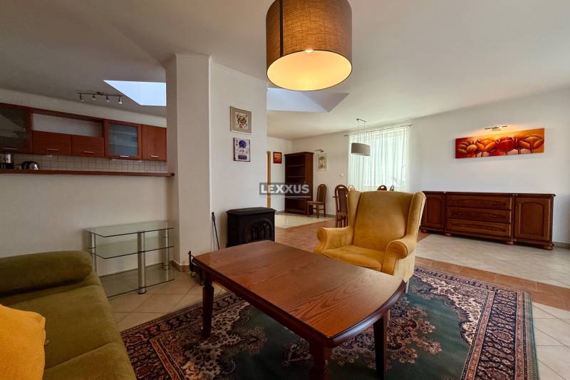 Wohnzimmer in einem Einfamilienhaus mit Sessel, Sofa, Tisch und Kamin, Küche im Hintergrund.
