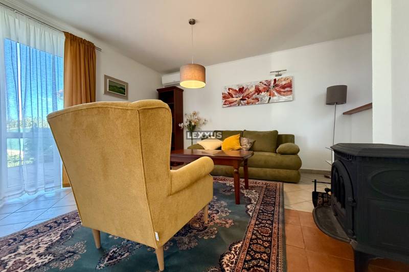 Wohnzimmer in einem Einfamilienhaus mit Sessel, Sofa, Kamin und Bild an der Wand.