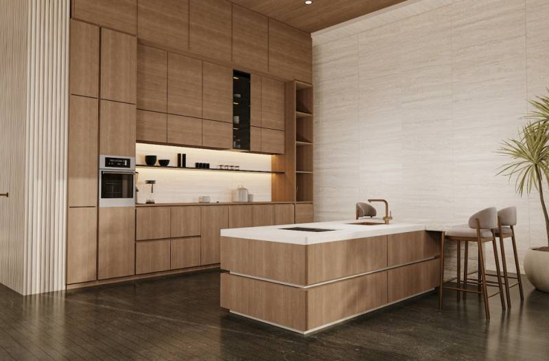 Elegante Küche mit Holzschränken und Insel in einem Einfamilienhaus.