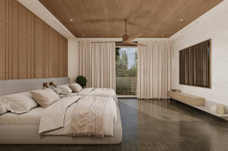 Elegantes Schlafzimmer in einem Einfamilienhaus mit großem Bett, Holzdecke und Fernseher.