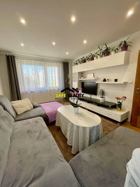 Wohnzimmer in einer 4-Zimmer-Wohnung mit grauem Sofa, Tisch und Fernseher.