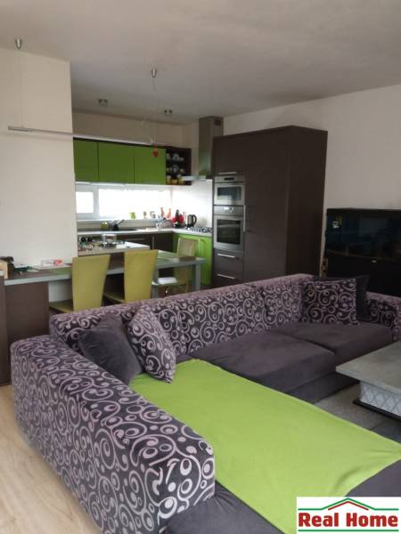 Wohnzimmer mit Küche in einem Einfamilienhaus, bunte Couch und grüne Küchenschränke.