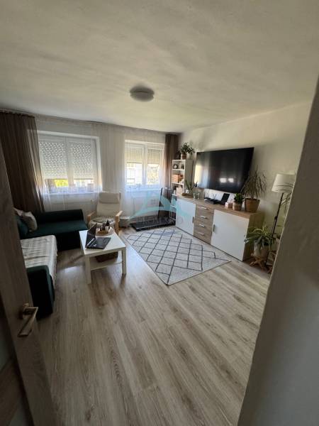 Wohnzimmer in einer 3-Zimmer-Wohnung mit Sofa, Fernseher, Tisch und Holzboden.