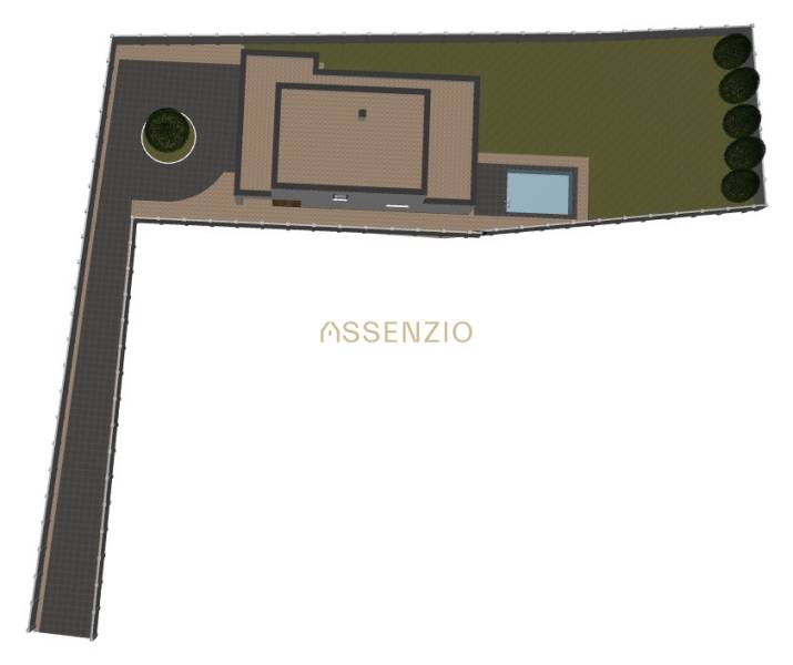 Grundriss eines Einfamilienhauses in Opoj mit Zufahrtsstraße, Schwimmbad und Garten.