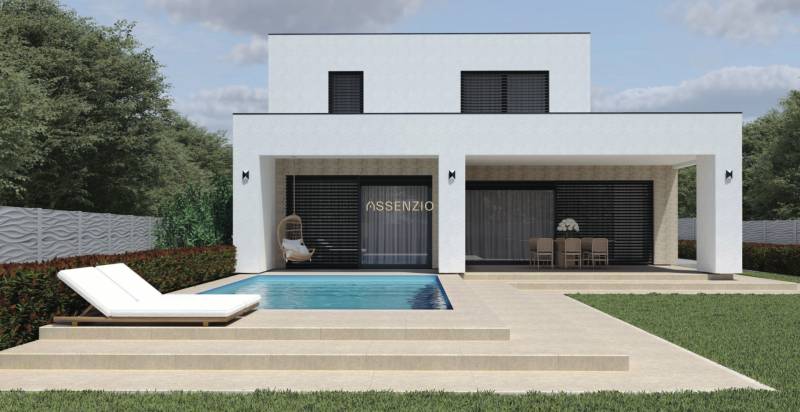 Ein Einfamilienhaus in Opoj mit Pool, Liegestuhl und Terrasse, umgeben von Grün.