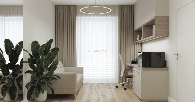 Innenraum eines Einfamilienhauses mit Büro, Pflanze, Sofa, Tisch und Stuhl.