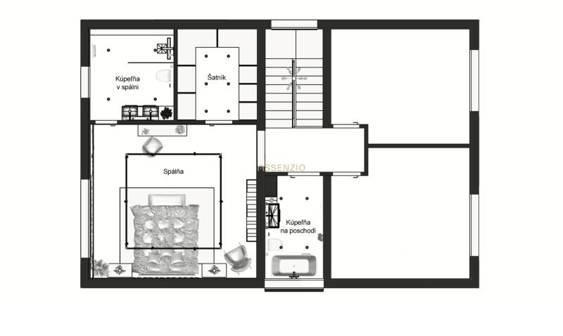 Grundriss des Stockwerks eines Einfamilienhauses mit Schlafzimmer, Badezimmern und Ankleidezimmer.