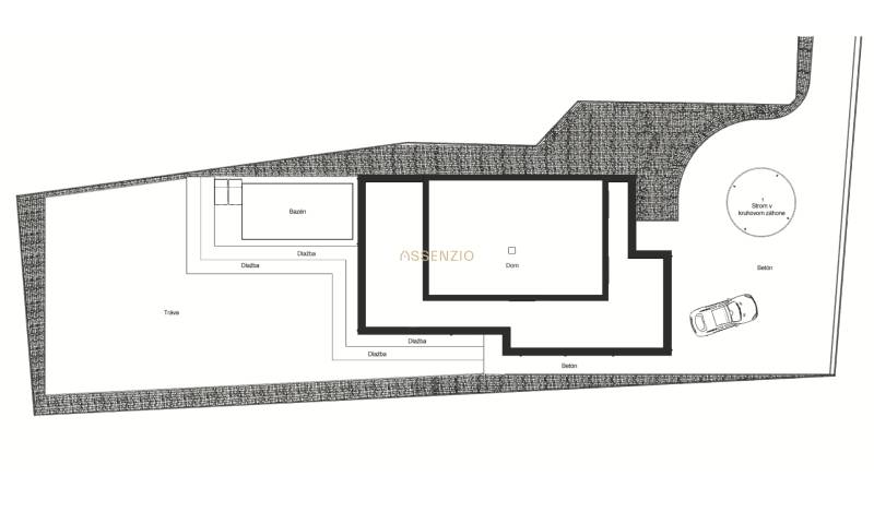 Grundriss eines Einfamilienhauses in Opoj mit Pool, Auto und Grünzone.
