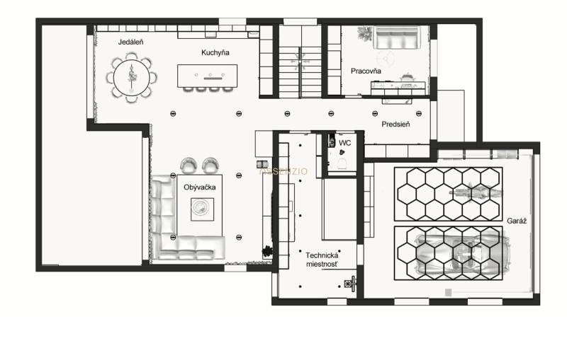 Grundriss des Einfamilienhauses: Wohnzimmer, Küche, Esszimmer, Arbeitszimmer, Garage und Technikraum.