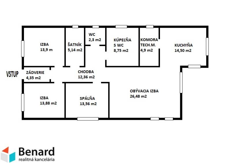 Grundriss eines Einfamilienhauses mit Zimmern, Küche und Badezimmer, ideal zum Wohnen in Prešov.