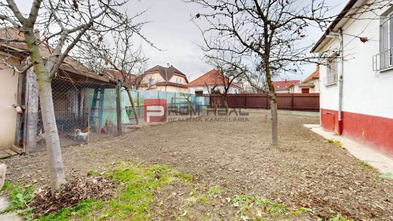 Der Hof des Einfamilienhauses in der Farebna-Straße in Bratislava II mit Bäumen und einem Hühnerstall.