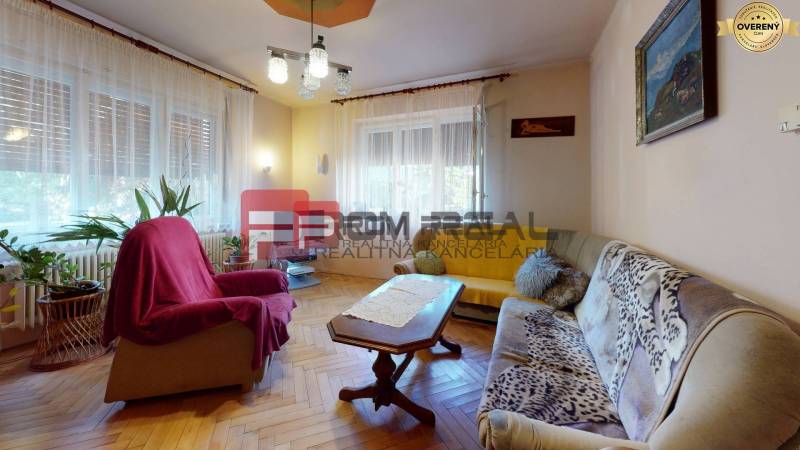Wohnzimmer eines Einfamilienhauses mit Sofa, Sessel, Tisch und Pflanzen in Töpfen.