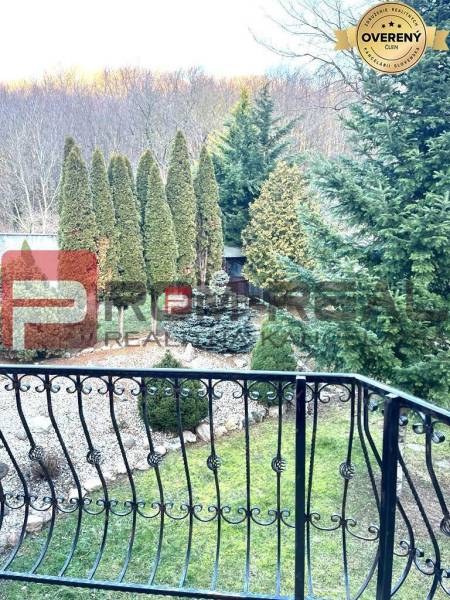 Der Garten des Einfamilienhauses in Píla mit Blick auf die Nadelbäume hinter dem Zaun.