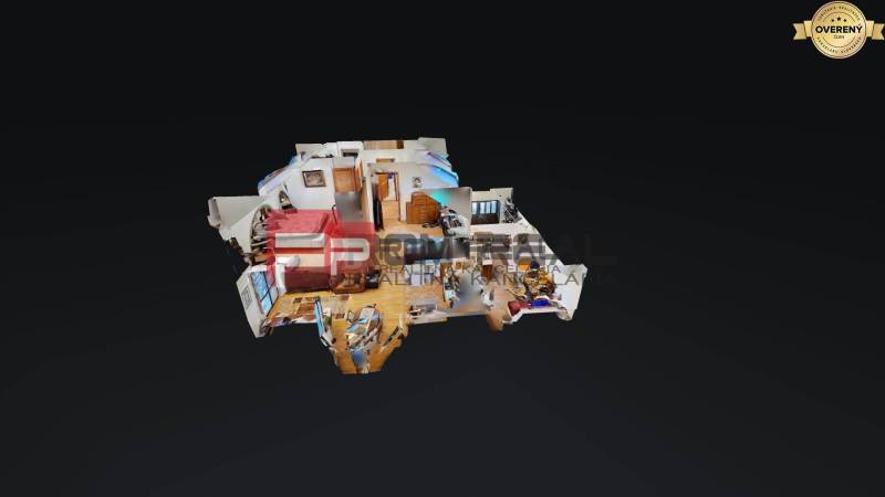 3D-Grundriss mit Innenausstattung eines Einfamilienhauses. Die einzelnen Räume sind dargestellt.