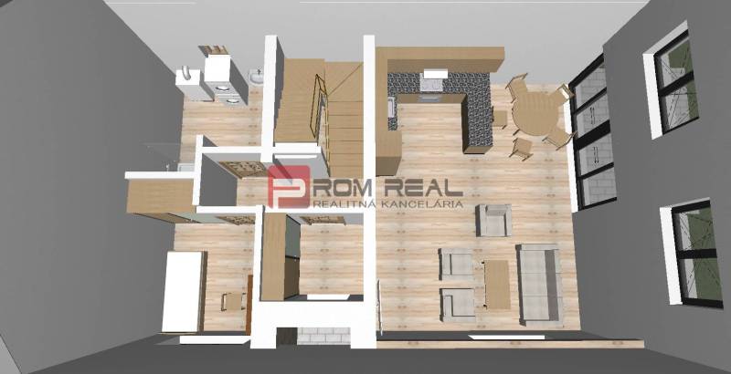 Entwurf einer Wohnung mit Küche, Wohnzimmer, Esszimmer und Badezimmer im Bereich Grundstücke - Wohnen.