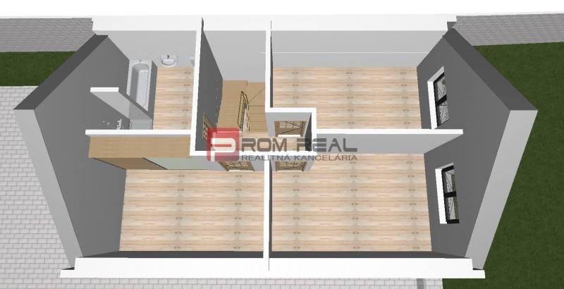 Grundriss mit Holzboden, Badezimmer, Toilette und Fenstern, bestimmt für Grundstücke - Wohnen.