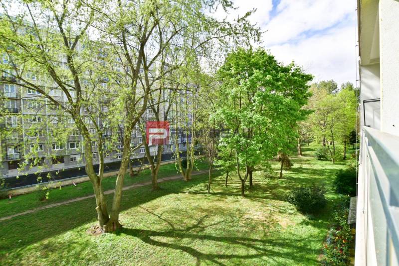 Blick aus einer 3-Zimmer-Wohnung auf einen grünen Park im Zentrum von Pezinok.