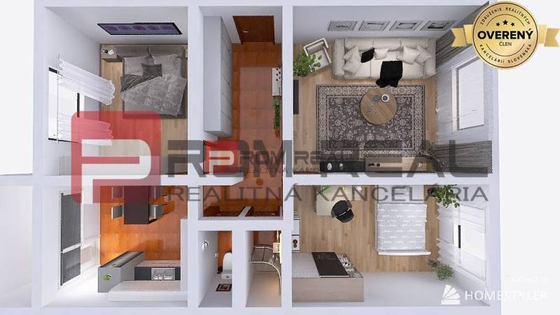 Grundriss einer 3-Zimmer-Wohnung zeigt die Anordnung der Zimmer und Möbel.